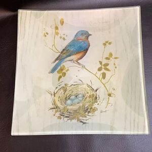 Blue Bird Family 14 Inch Square Serving Decorate Tray Platter Handcrafted Spring